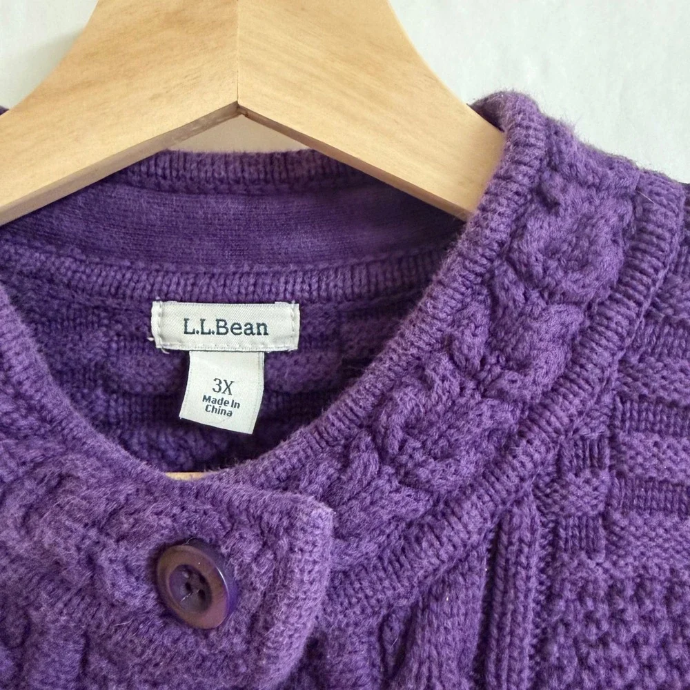 LL Bean Womens 3X Purple‎ Crochet Cable Chunky Knit Button Cardigan Sweater Ivy - Picture 3 of 8